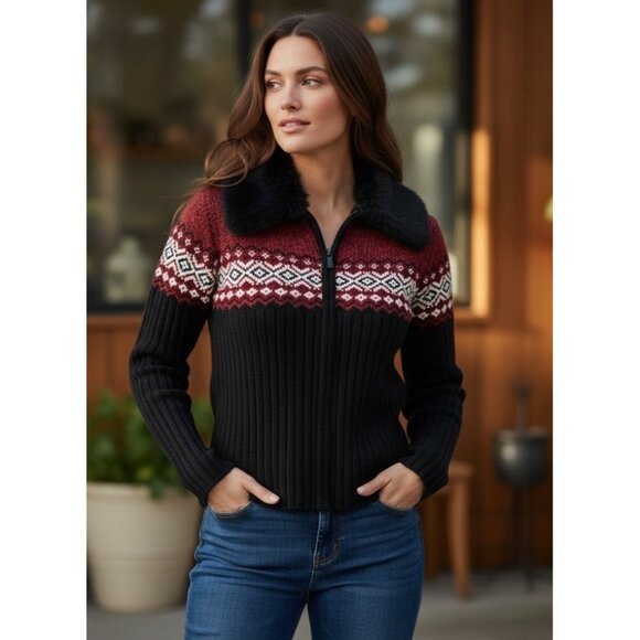 Fair Isle Cardigan Sweater Black Red Zip Front Removable Faux Fur Collar Medium - Picture 1 of 8